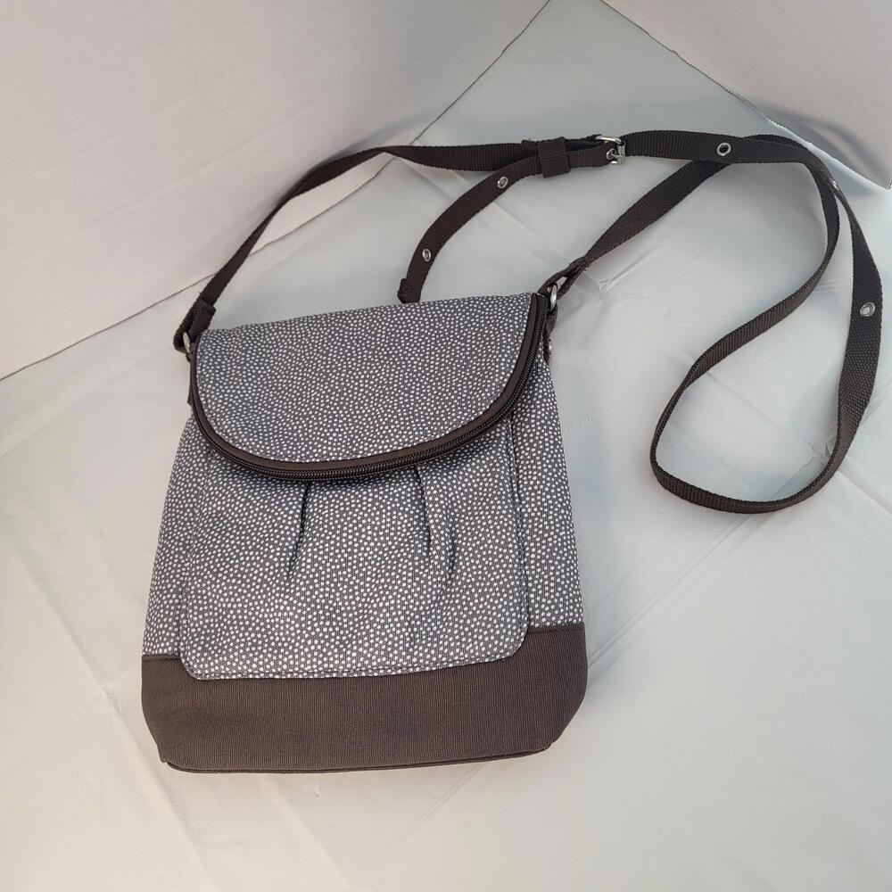Thirty-One crossbody bag brown with small white dots adjustable strap 9" x 10.5"
